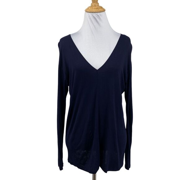 Vince T Shirt Women S Small Navy Silk Trim Viscose Double V Neck Long Sleeve Top - Picture 1 of 11